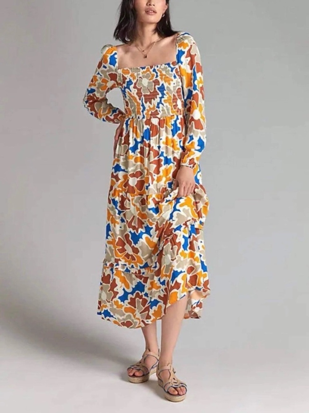 Anthropologie x Dolan Left Coast Womens M Smocked Midi Dress Multicolor Abstract